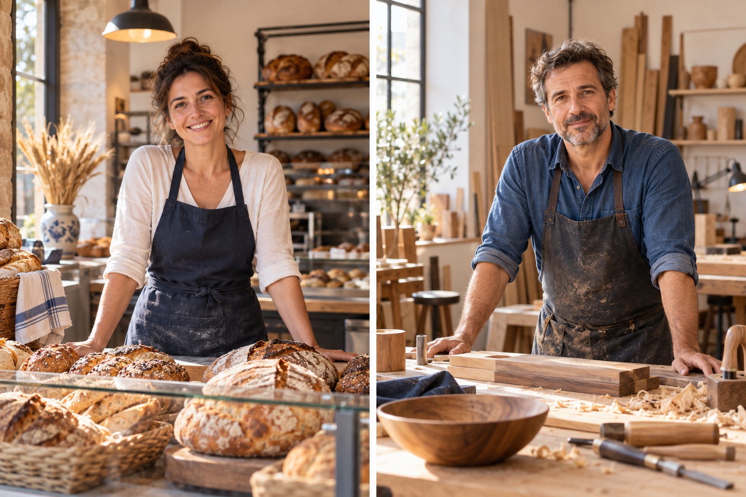 Scene illustrative: una panettiera e un artigiano nei loro luoghi di lavoro